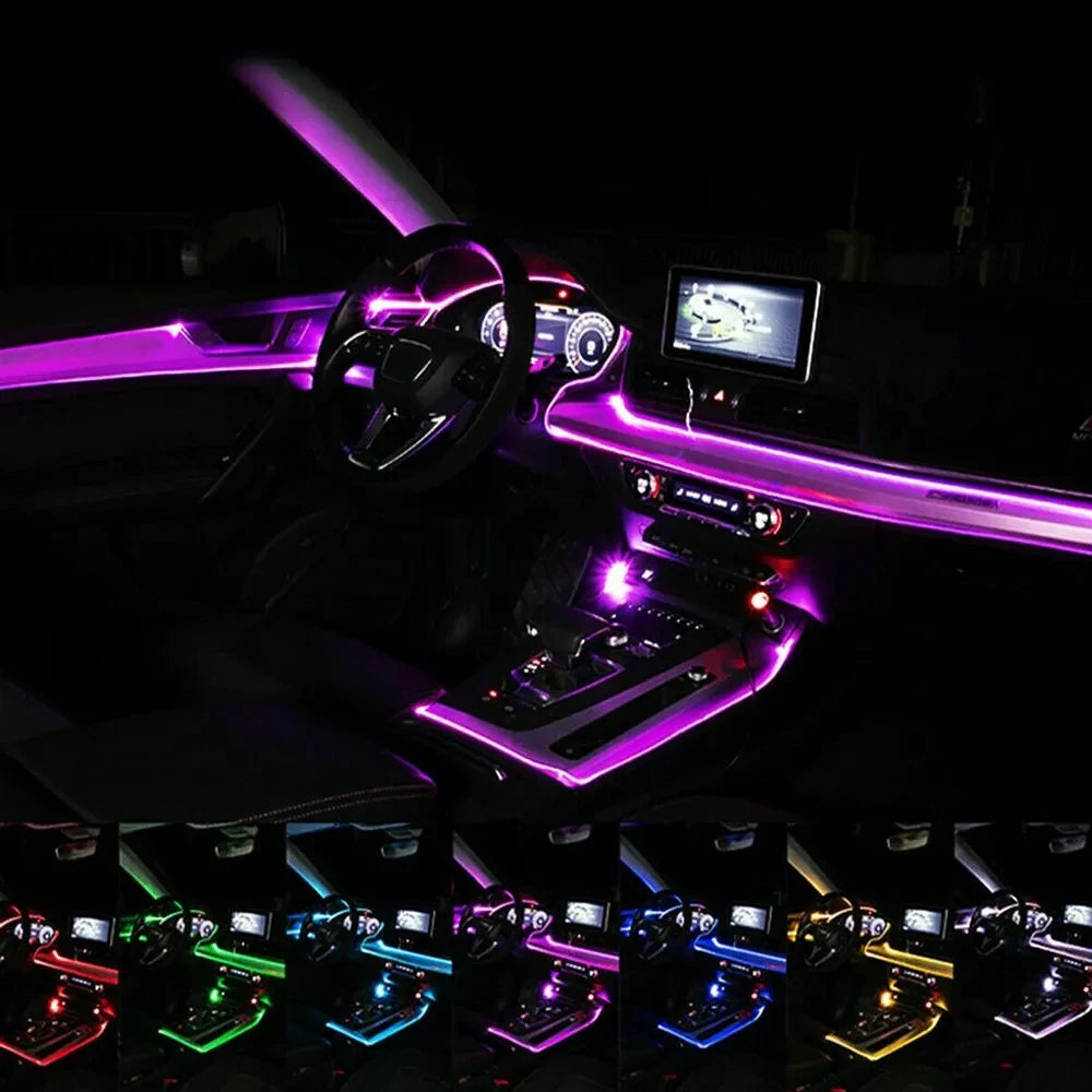 LED Car Interior Ambient Strip Lights RGB Fiber Optic Atmosphere Neon Lighting Kit W/ APP Remote Control Auto Decorative Lamps