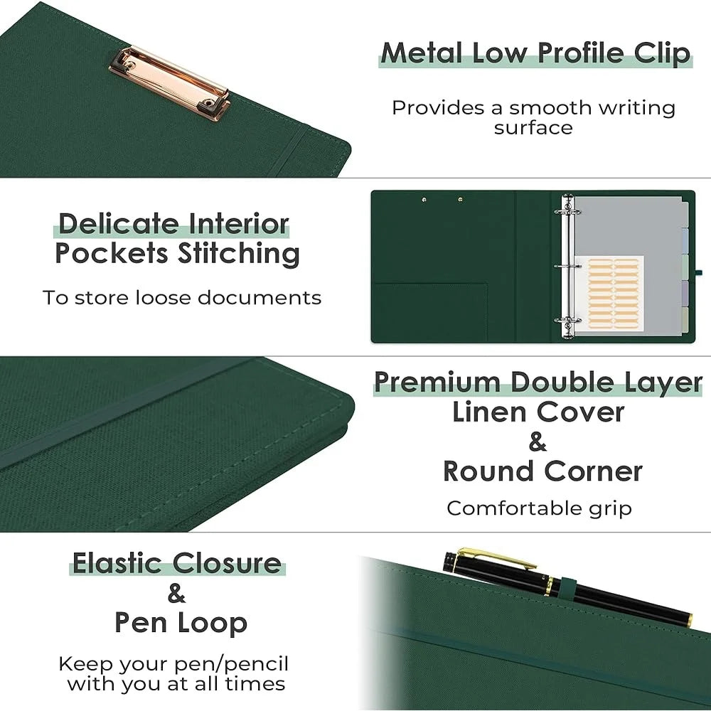 3 Ring Binder 2 Inch Clipboard with 5 Tab Dividers Self-Adhesive Labels Durable File Organizer Portable School Office Supply