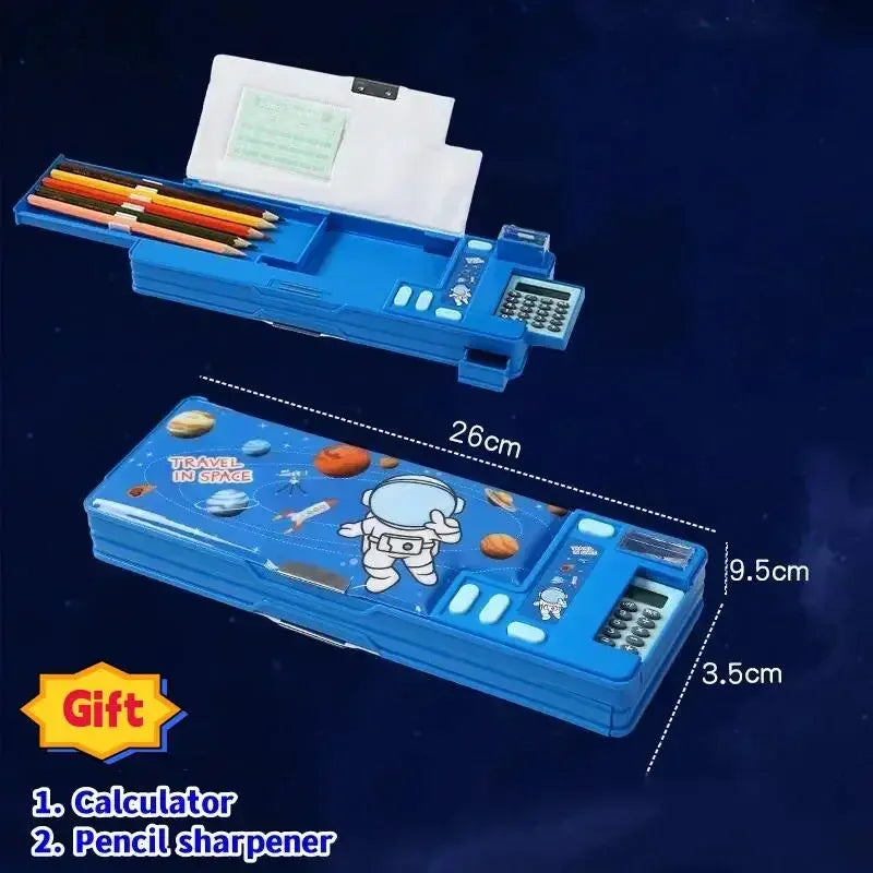 Creative Multi-functional Plastic Stationery Box for Primary School Students Double-sided Magnetic Pencil Calculator Sharpener
