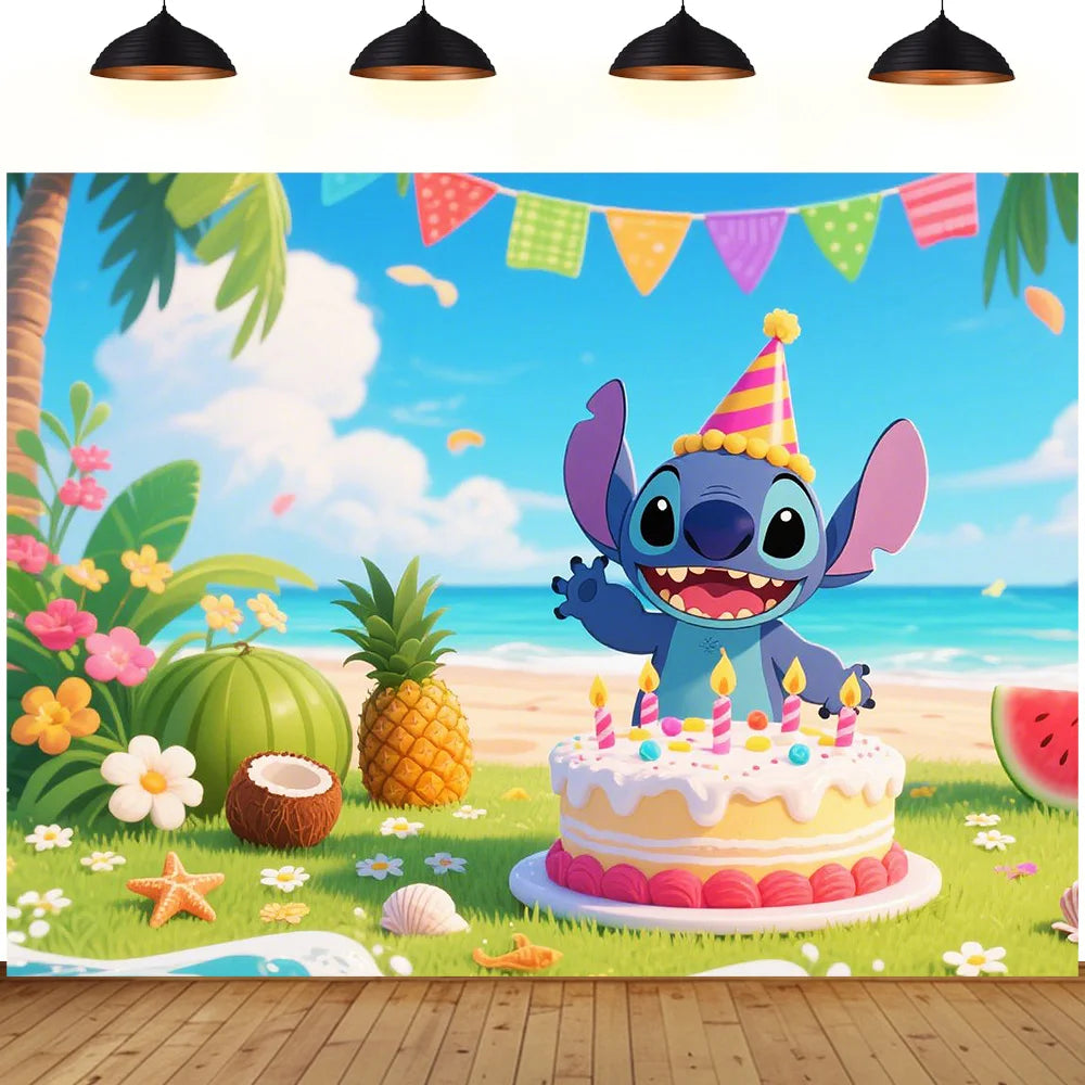 Stitch theme background cute cartoon birthday party beach summer seaside children decoration Photography booth