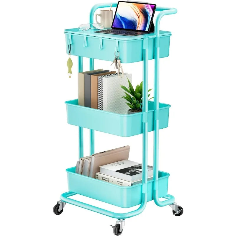 3 Tier Rolling Cart with Table Top, Utility Cart with Wheels & 4 Hooks, Rolling Storage Cart for Home Storage and Organization