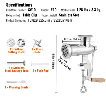 Manual Stainless Steel Meat Grinder with Tabletop Clamp, 2 Plates & Sausage Stuffer for home Kitchen, Restaurant & Butcher Shop