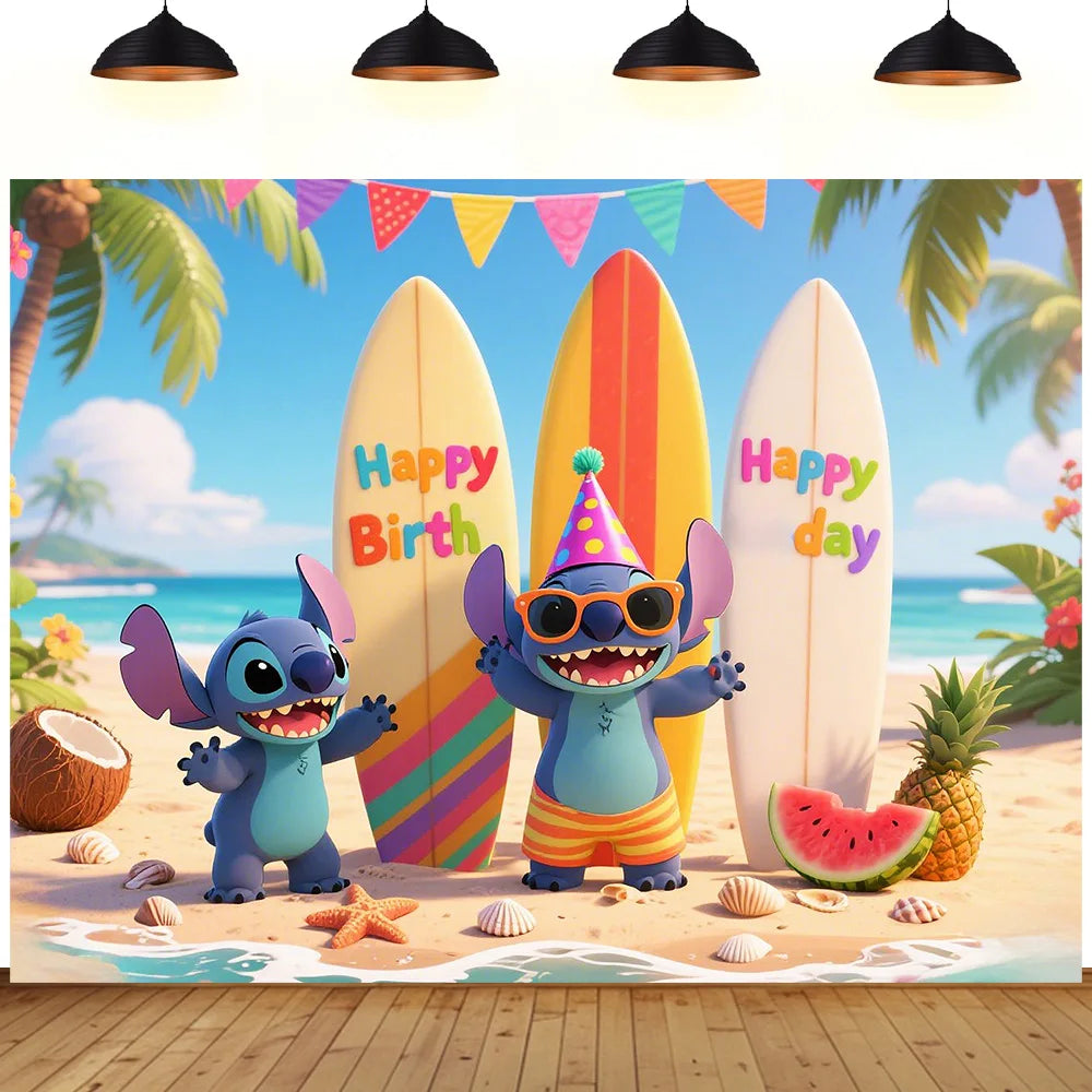 Stitch theme background cute cartoon birthday party beach summer seaside children decoration Photography booth