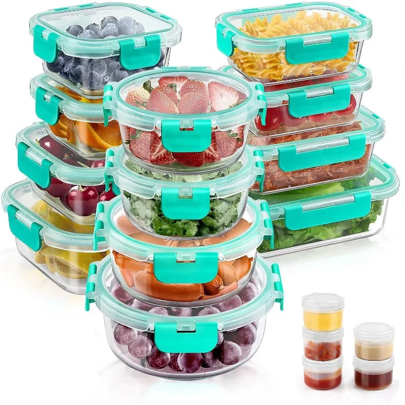 34pcs Glass Food Storage Containers with Lids Set, Airtight Glass Meal Prep Containers (17 Containers & 17 Lids)