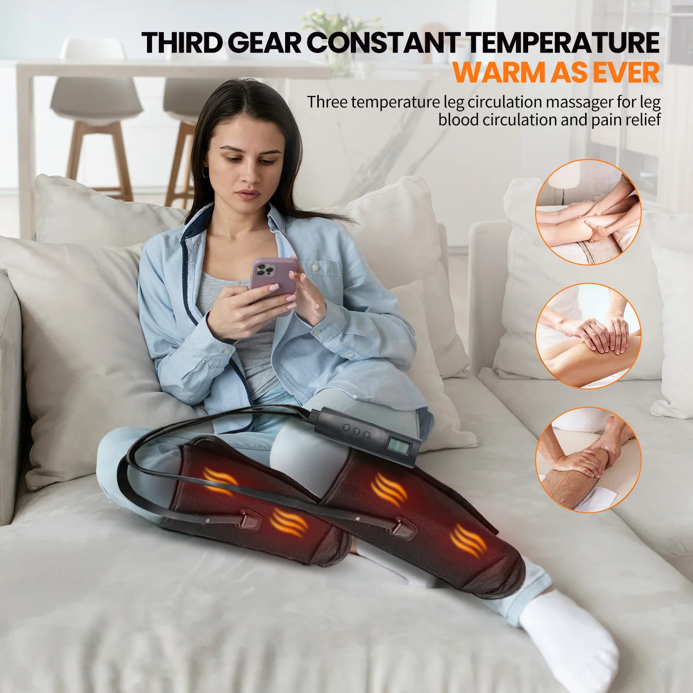 18W Electric Air Compression Calf Massager with Heating 3 Intensities 3 Tem Settings Leg Circulation Massager for Blood Circulat