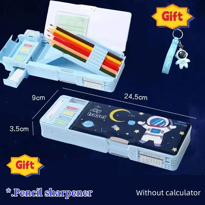 Creative Multi-functional Plastic Stationery Box for Primary School Students Double-sided Magnetic Pencil Calculator Sharpener