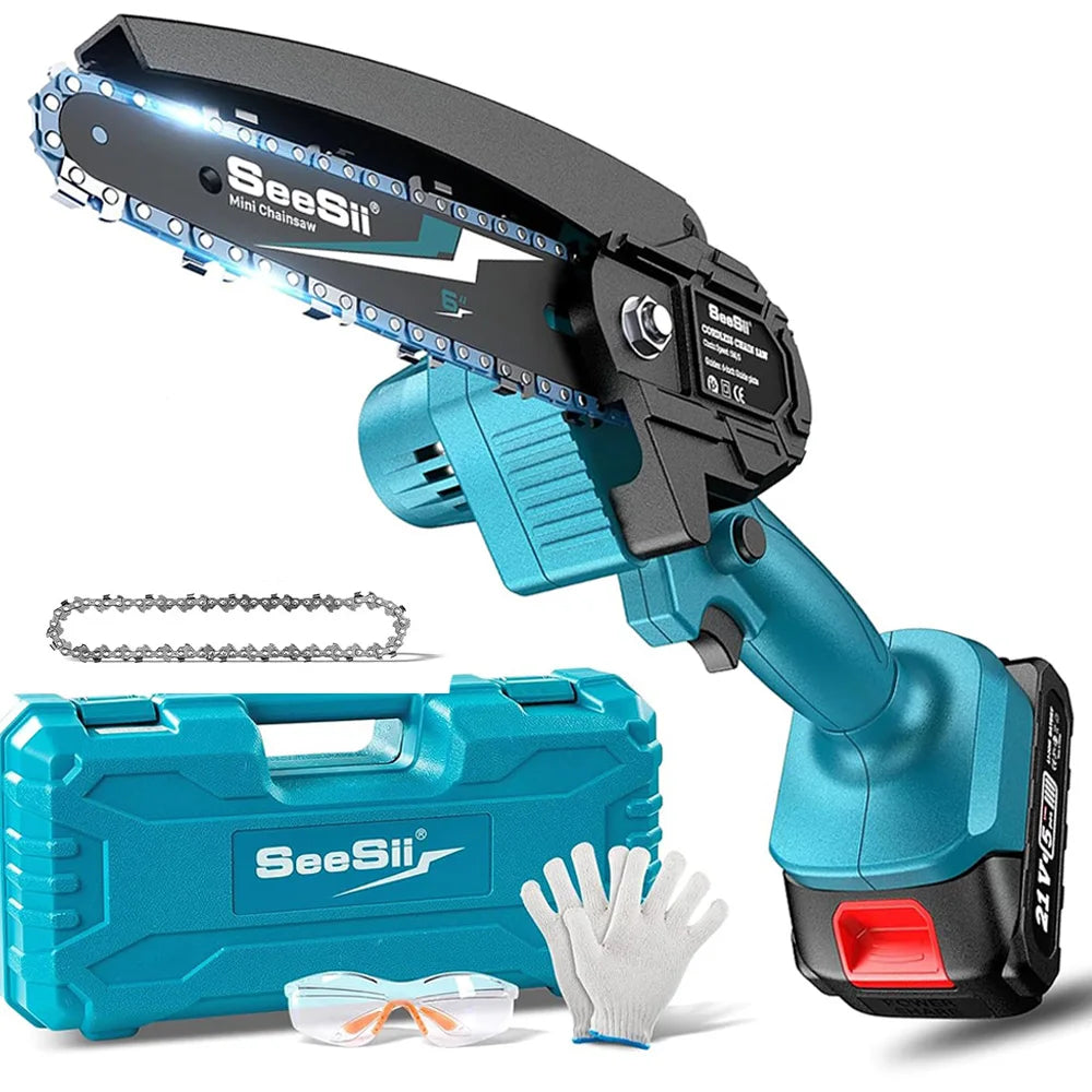 Seesii Handheld Electric Power Chain Saw 6-inch Mini Chainsaw Cordless Tools for Garden Tree Trimming Wood Cutting Best Gifts