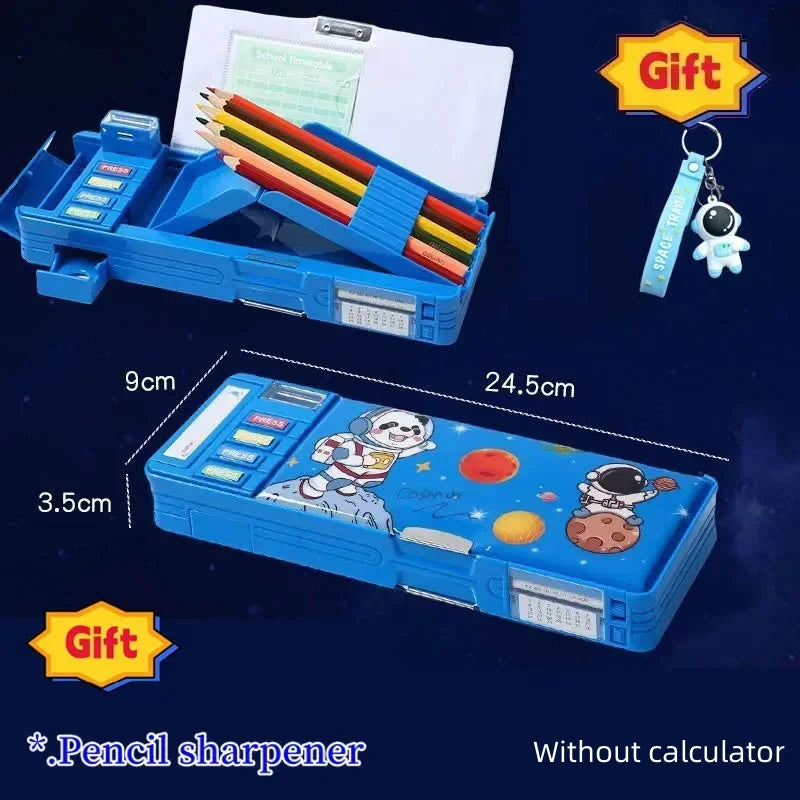 Creative Multi-functional Plastic Stationery Box for Primary School Students Double-sided Magnetic Pencil Calculator Sharpener