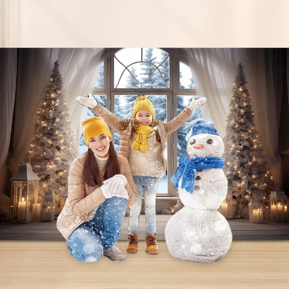 Winter Christmas Photography Backdrop 10x8FT Kid Family Party Portrait Snow Windows Scene Xmas Tree Gifts Background Banner