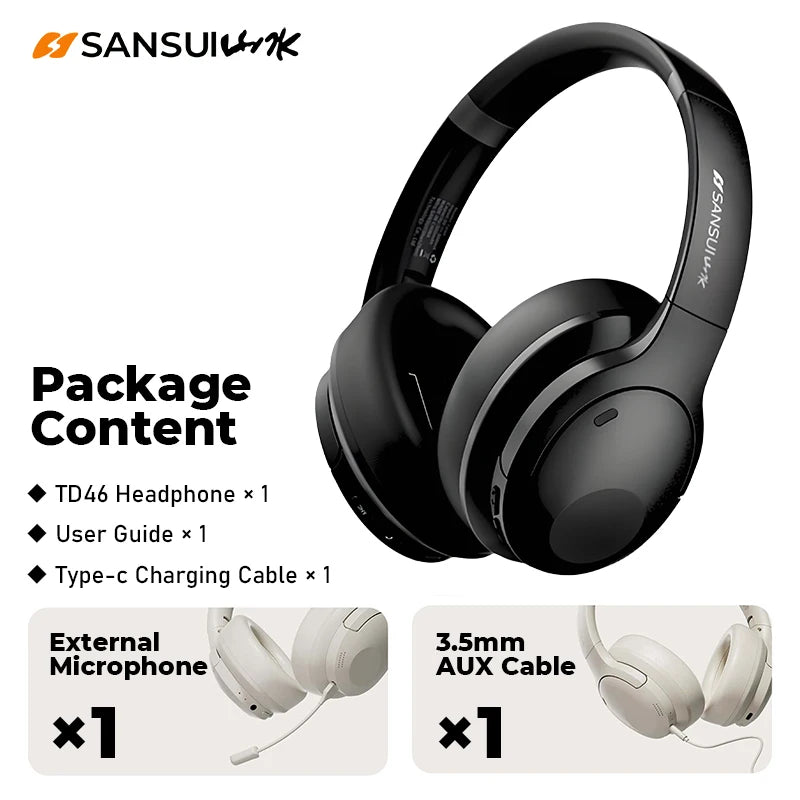 Sansui 50dB ANC Wireless Bluetooth 5.4 Headphone Over-Ear Earphone with Detachable Microphone Active Noise Cancellation Headsets