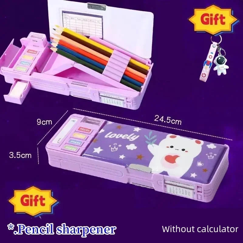 Creative Multi-functional Plastic Stationery Box for Primary School Students Double-sided Magnetic Pencil Calculator Sharpener