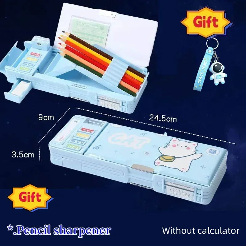 Creative Multi-functional Plastic Stationery Box for Primary School Students Double-sided Magnetic Pencil Calculator Sharpener