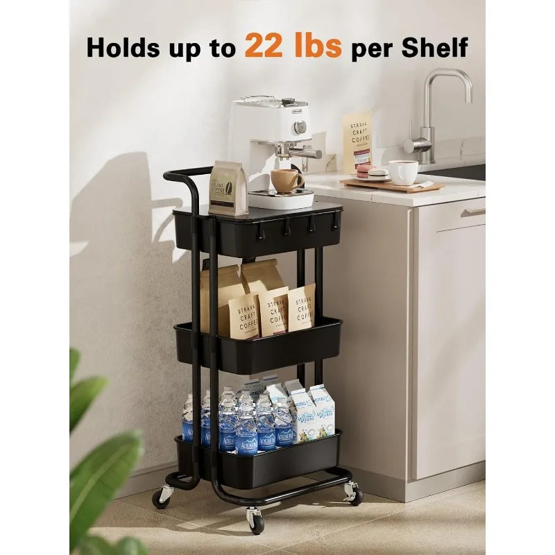 3 Tier Rolling Cart with Table Top, Utility Cart with Wheels & 4 Hooks, Rolling Storage Cart for Home Storage and Organization