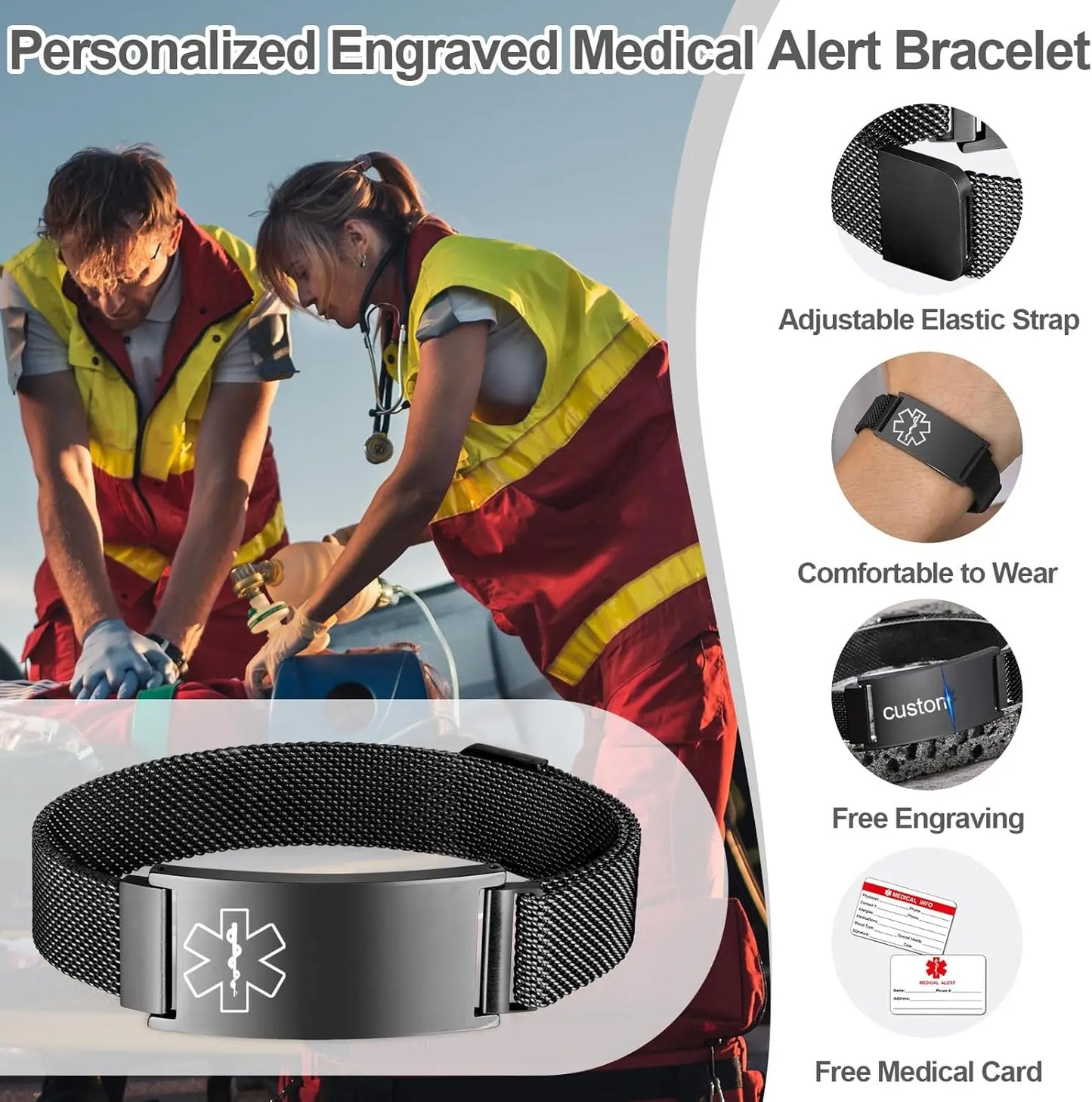 Personalized Medical Customizable ID Wristband Waterproof Stainless Steel Adjustable Wristband and Emergency Medical Alarm