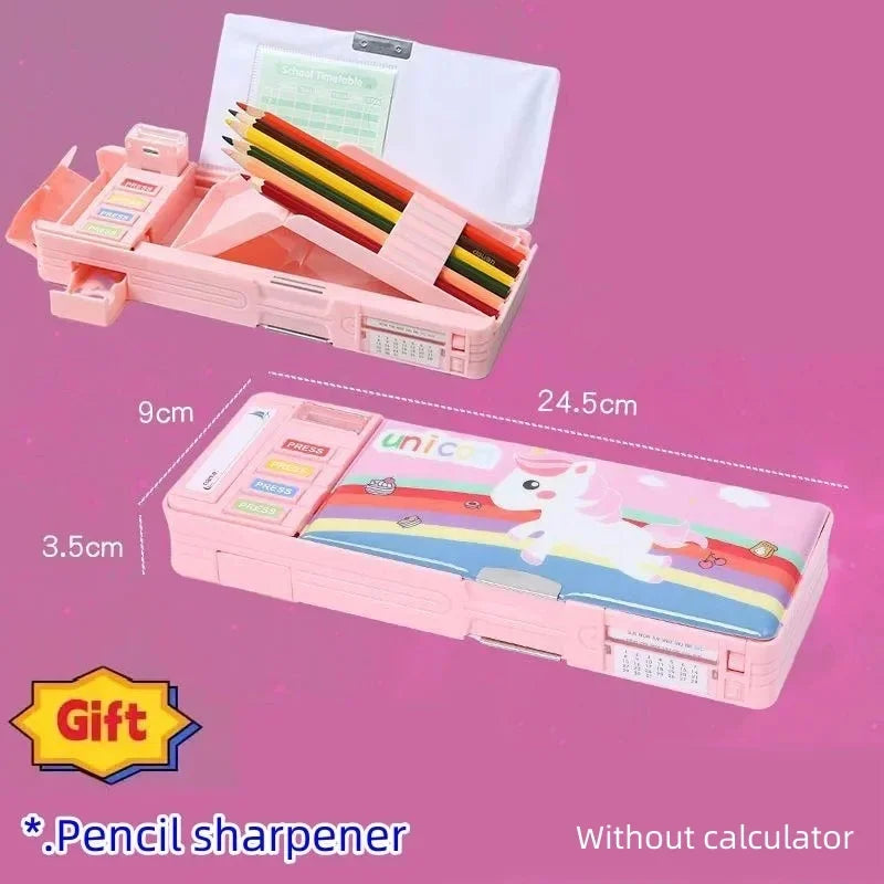 Creative Multi-functional Plastic Stationery Box for Primary School Students Double-sided Magnetic Pencil Calculator Sharpener