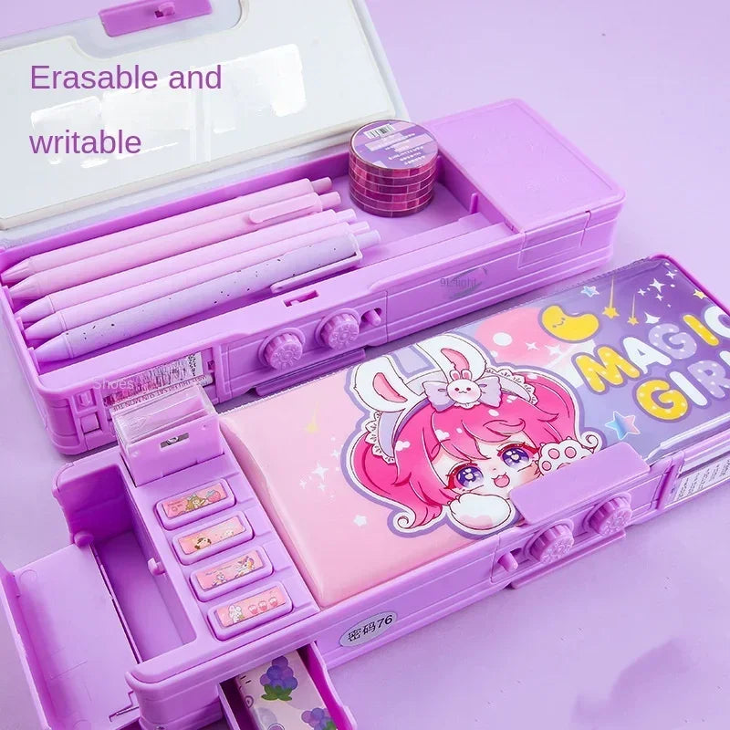 Multi Functional Stationery Box Smart Female Password Lock High Tech Pencil Case Mechanism Bilayer Girls School Students