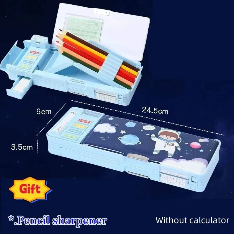 Creative Multi-functional Plastic Stationery Box for Primary School Students Double-sided Magnetic Pencil Calculator Sharpener