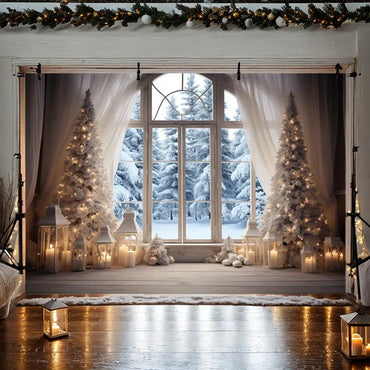 Winter Christmas Photography Backdrop 10x8FT Kid Family Party Portrait Snow Windows Scene Xmas Tree Gifts Background Banner