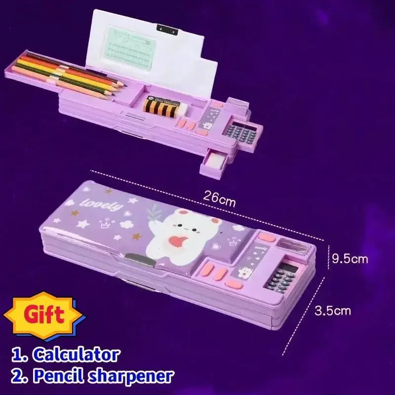 Creative Multi-functional Plastic Stationery Box for Primary School Students Double-sided Magnetic Pencil Calculator Sharpener