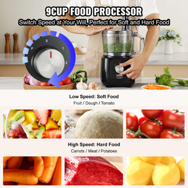 VEVOR Food Processor 9-Cup Vegetable Chopper for Chopping Slicing Shredding Puree and Kneading 600W Stainless Steel Blade Black