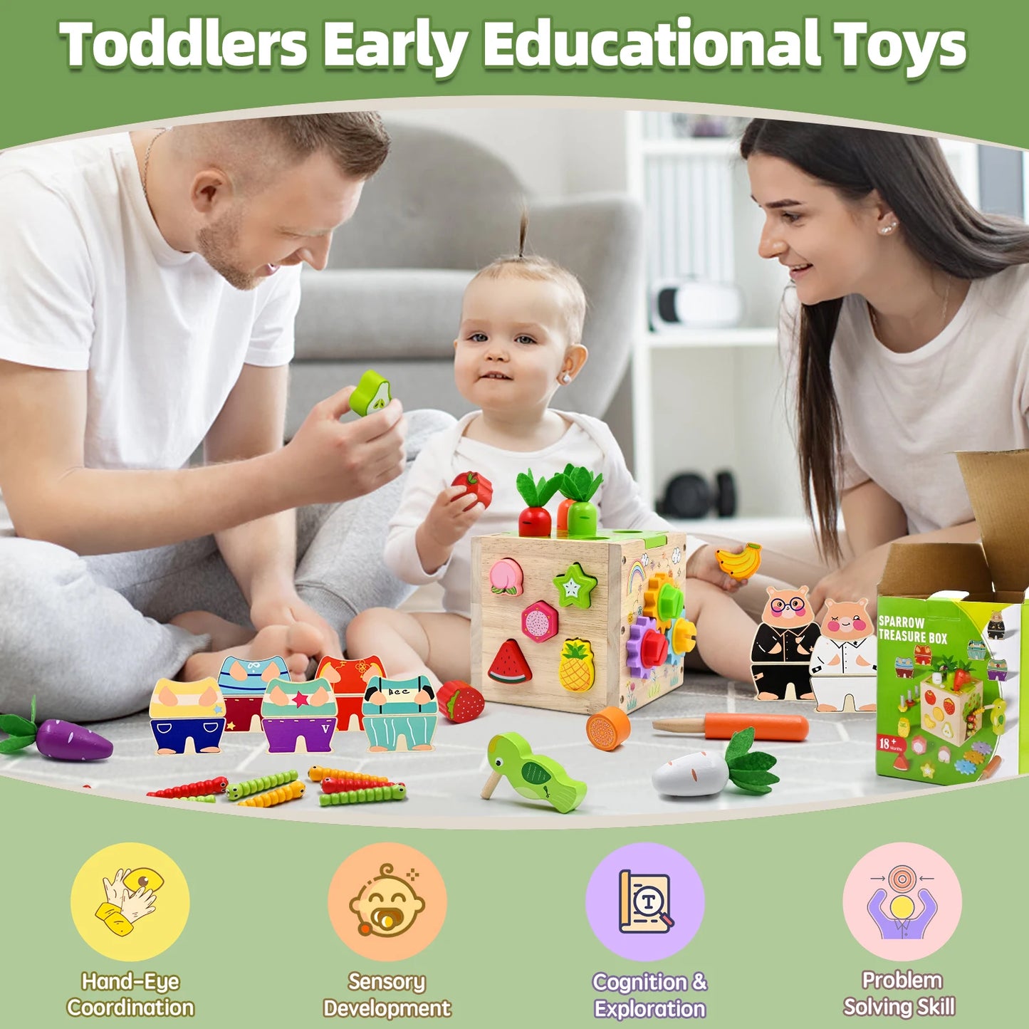 Baby Wooden Activity Cube Center Toys for Boys Girls Birthday Gifts, 5 in 1 Montessori Educational Learning Sensory Toys