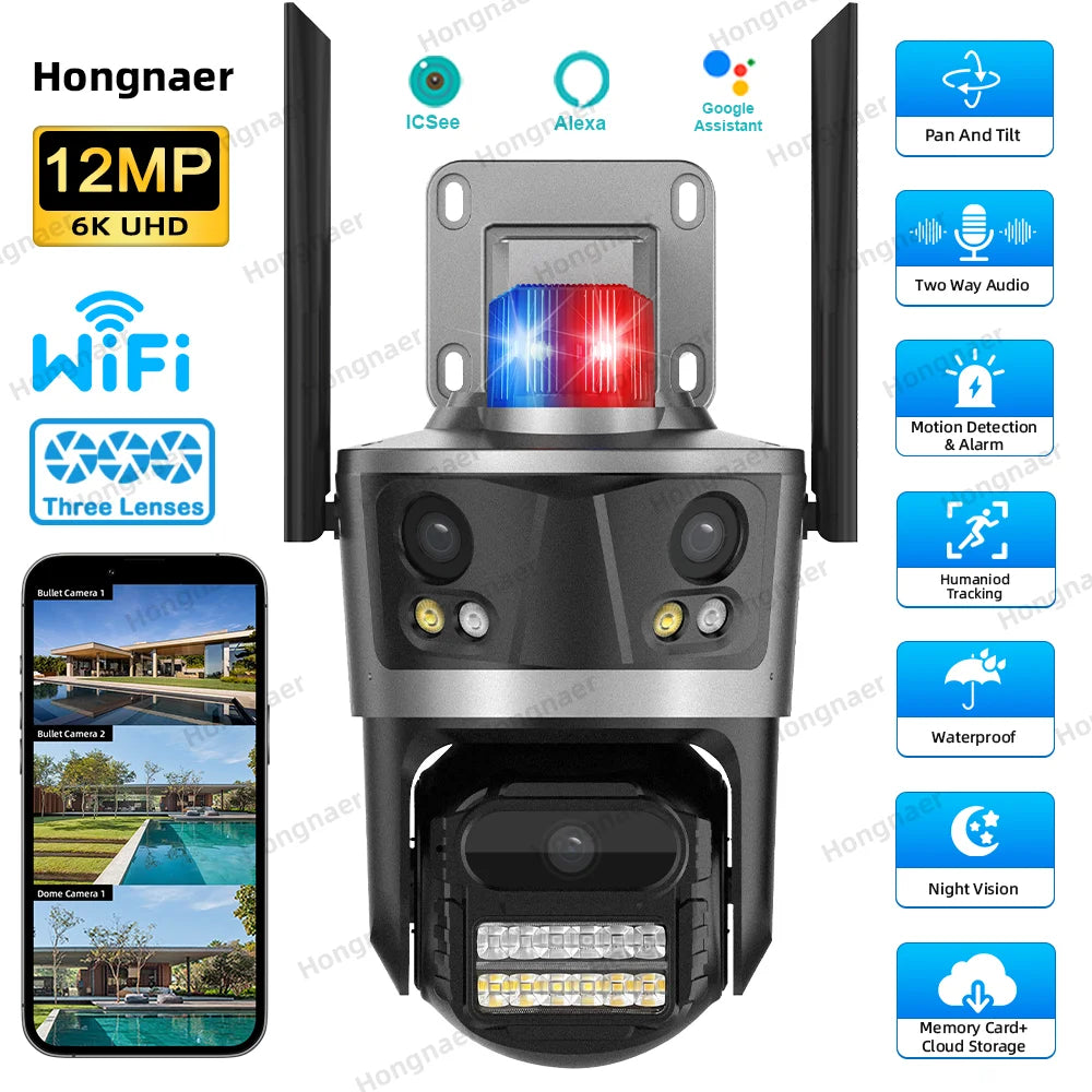 Hongnaer 12MP 6K Three Lenses Wireless WiFi Three Video PTZ Network Night Vision ICSee CCTV Outdoor WiFi Security Camera