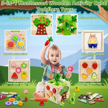 Baby Wooden Activity Cube Center Toys for Boys Girls Birthday Gifts, 5 in 1 Montessori Educational Learning Sensory Toys