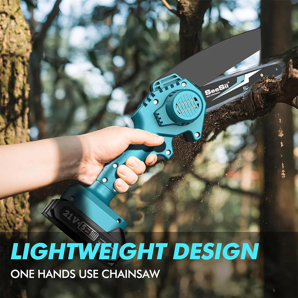 Seesii Handheld Electric Power Chain Saw 6-inch Mini Chainsaw Cordless Tools for Garden Tree Trimming Wood Cutting Best Gifts