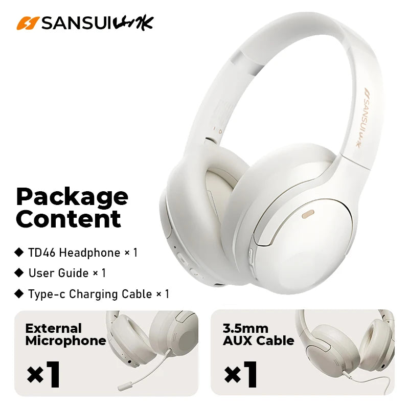 Sansui 50dB ANC Wireless Bluetooth 5.4 Headphone Over-Ear Earphone with Detachable Microphone Active Noise Cancellation Headsets