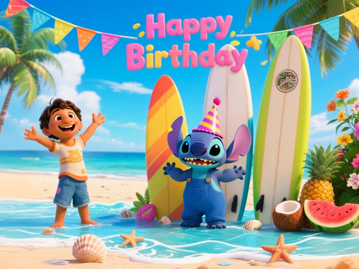 Stitch theme background cute cartoon birthday party beach summer seaside children decoration Photography booth