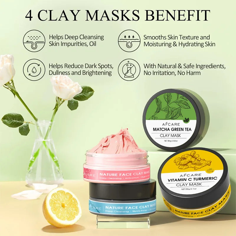 New 4Pcs Clay Mask Set Vitamin C Turmeric Clay Mask Dead Sea Mud Face Masks Skincare for Deep Cleansing Pores Moisturizing 320g