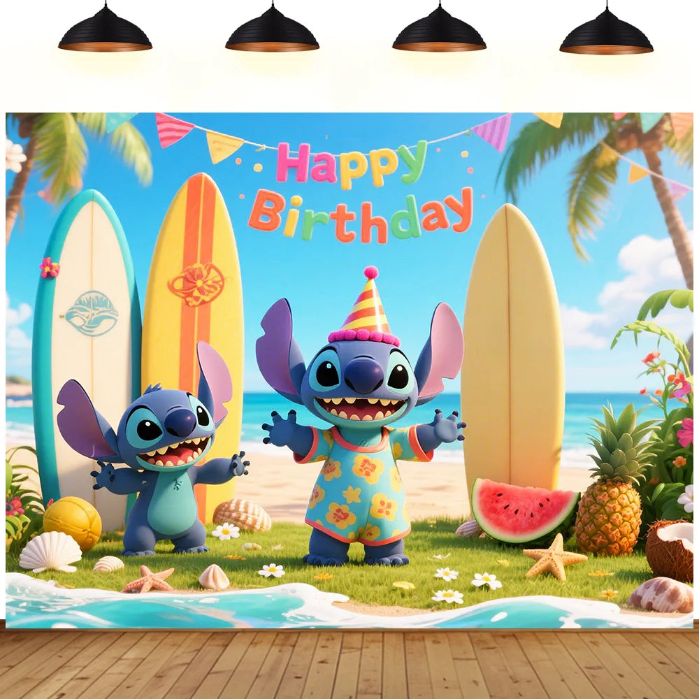 Stitch theme background cute cartoon birthday party beach summer seaside children decoration Photography booth