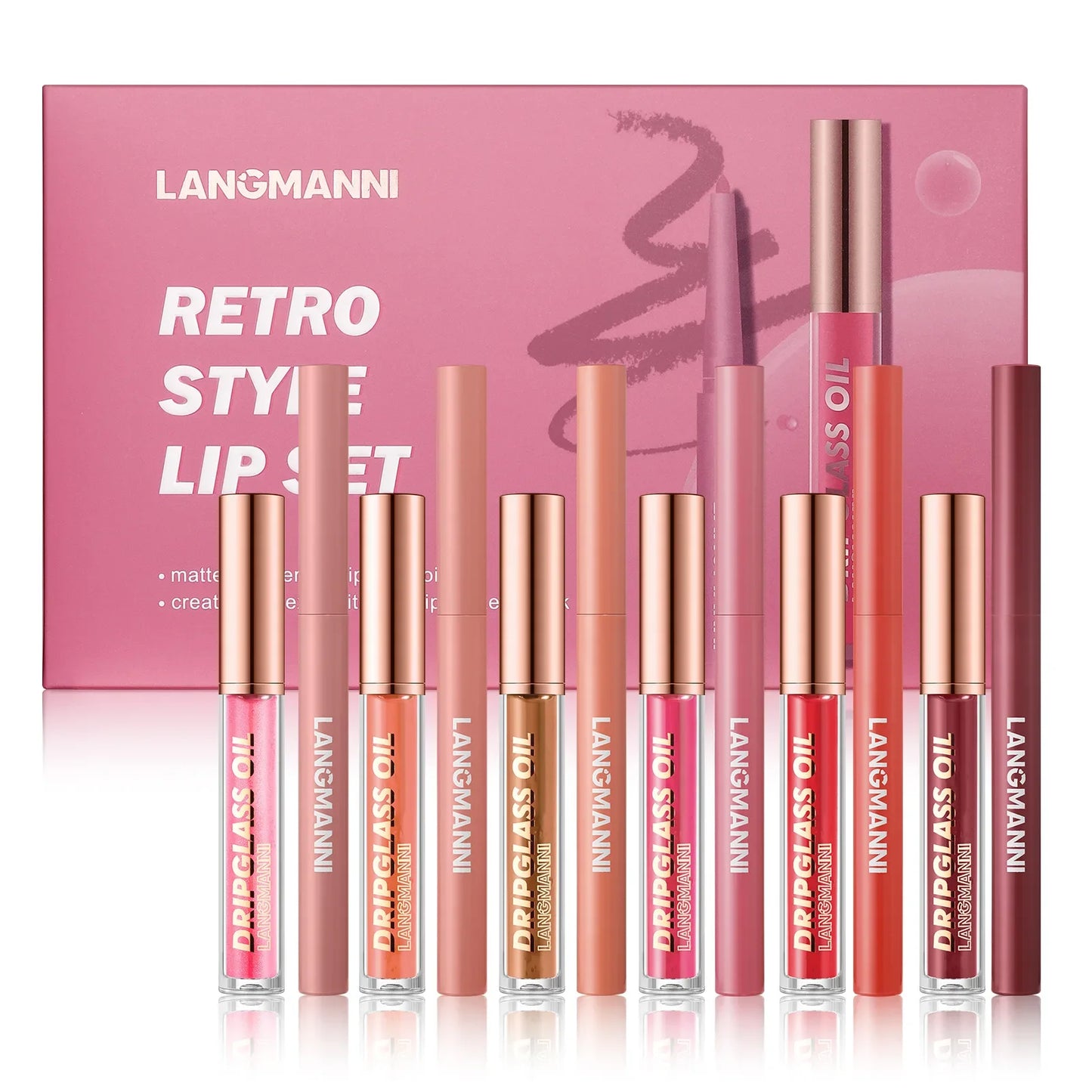 12PCS/SET Retro Style Lip Set 6pcs Lipliner Plus 6Pcs Dripglass Oil In One Box Long Lasting Matte Shinny Lip Makeup Cosmetics