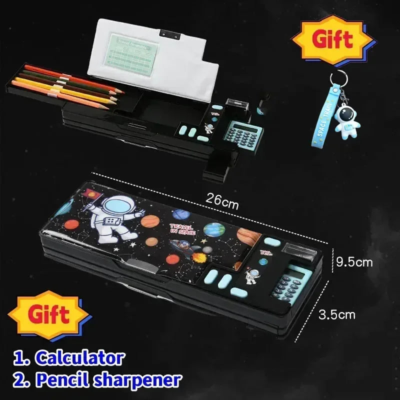 Creative Multi-functional Plastic Stationery Box for Primary School Students Double-sided Magnetic Pencil Calculator Sharpener