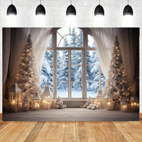 Winter Christmas Photography Backdrop  10x8FT Kid Family Party Portrait Snow Windows Scene Xmas Tree Gifts Background Banner