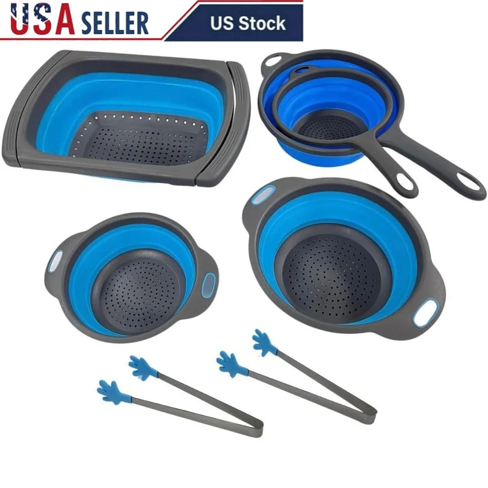 5 Pack Collapsible Colander Set Over Sink Strainers Space Saving Silicone Kitchen Tools Versatile Food Prep Drain Pasta Fruits