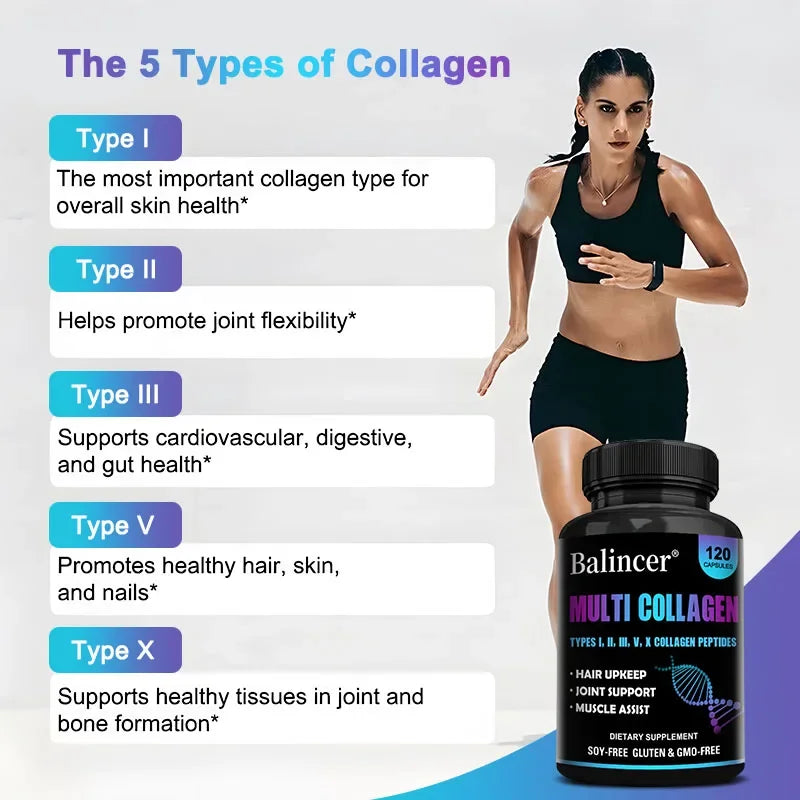 Multi-Collagen Capsules - Maintain Joint, Bone, Nail Health, Nourish Hair, Reduce Wrinkles - Antioxidant - Skin Care Supplement