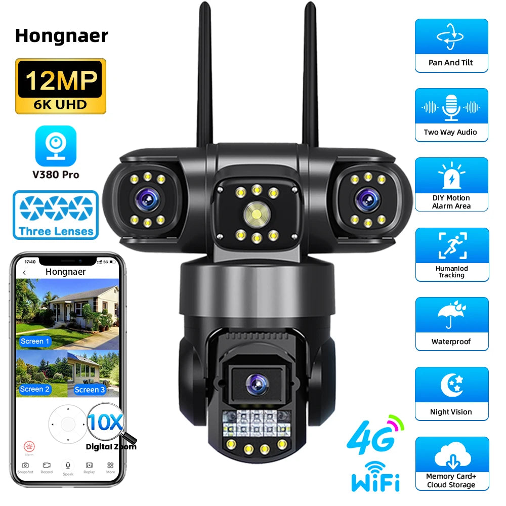 Hongnaer 12MP 6K Three Lens V380 Pro Outdoor Wireless Nigh Vision WiFi 4G Network PTZ Home CCTV 4G Sim Card WiFi Security Camera
