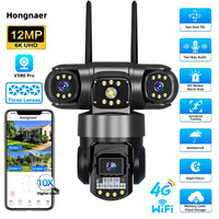 Hongnaer 12MP 6K Three Lens V380 Pro Outdoor Wireless Nigh Vision WiFi 4G Network PTZ Home CCTV 4G Sim Card WiFi Security Camera