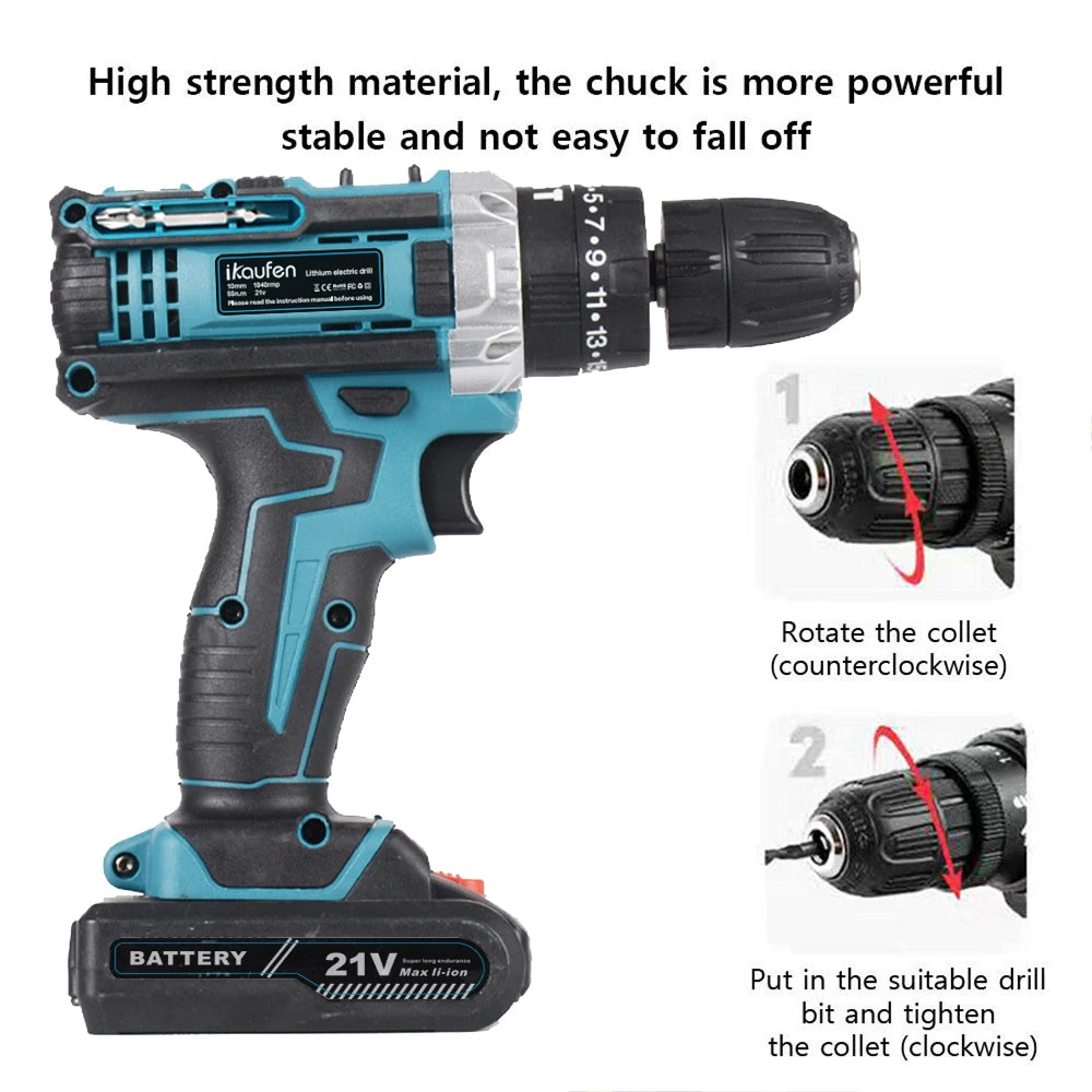 21V Cordless Drill Electric Screwdriver Electric Impact Drill Mini Wireless Power Driver DC Lithium-Ion Battery Power Tools
