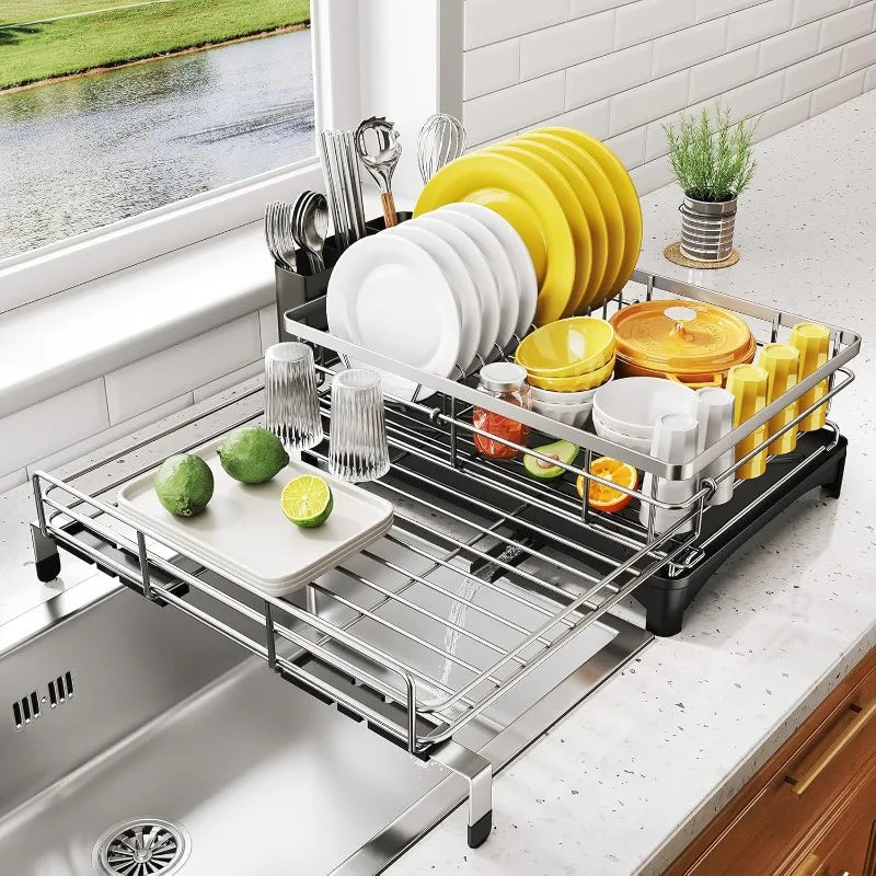 Dish Drying Rack - Extendable Dish Rack, Large Sink Drying Drainer for Kitchen Counter, Stainless Steel Dish Strainer