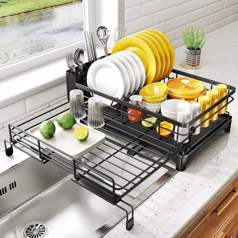 Dish Drying Rack - Extendable Dish Rack, Large Sink Drying Drainer for Kitchen Counter, Stainless Steel Dish Strainer