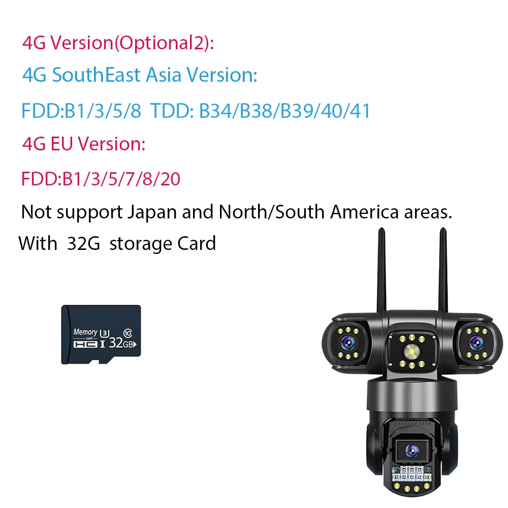 Hongnaer 12MP 6K Three Lens V380 Pro Outdoor Wireless Nigh Vision WiFi 4G Network PTZ Home CCTV 4G Sim Card WiFi Security Camera