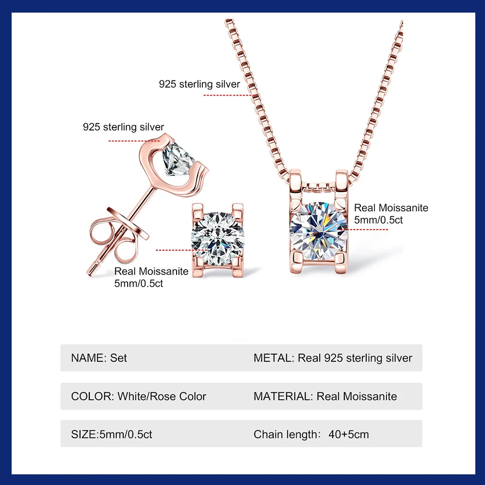 Real 0.5ct Moissanite Jewelry Sets for Women 18K Gold Plated 925 Sterling Silver Earrings Pendant Necklace Set Birthday Gift GRA