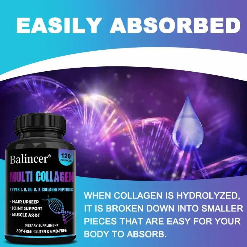 Multi-Collagen Capsules - Maintain Joint, Bone, Nail Health, Nourish Hair, Reduce Wrinkles - Antioxidant - Skin Care Supplement