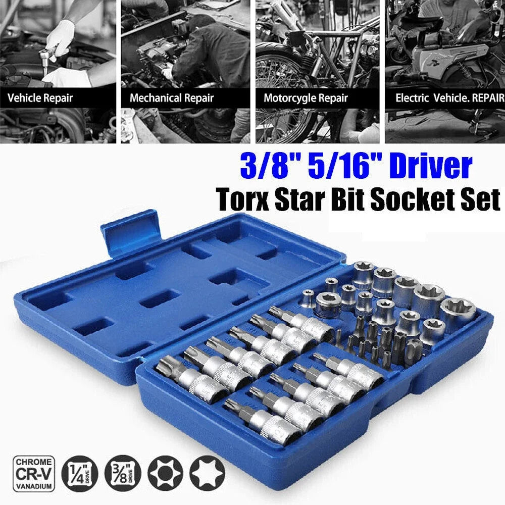 34PCS E-Torx Star Sockets Bit Set Male Female E-torx Security Bits 1/4" 3/8" 1/2" Drive   Workshop Handheld Tool
