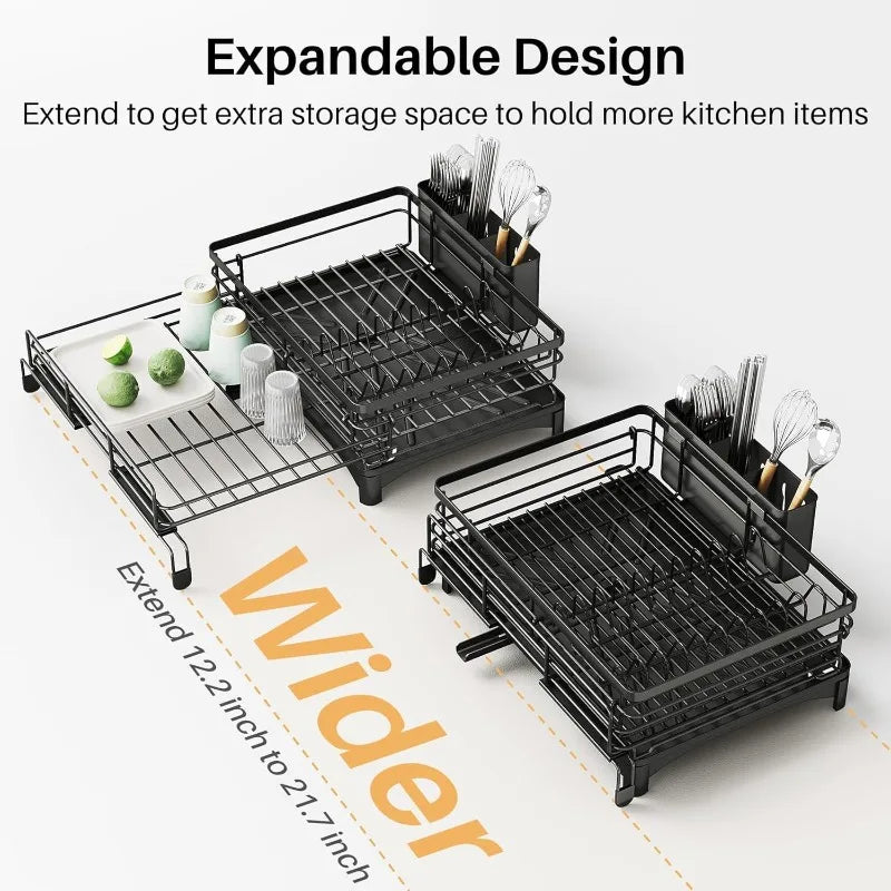 Dish Drying Rack - Extendable Dish Rack, Large Sink Drying Drainer for Kitchen Counter, Stainless Steel Dish Strainer