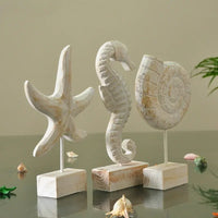 Mediterranean Style Home Decoration Accessories Wooden Crafts Starfish Conch Hippocampus Wood Carving Marine Living Room Decor
