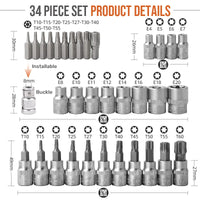 34PCS E-Torx Star Sockets Bit Set Male Female E-torx Security Bits 1/4" 3/8" 1/2" Drive   Workshop Handheld Tool