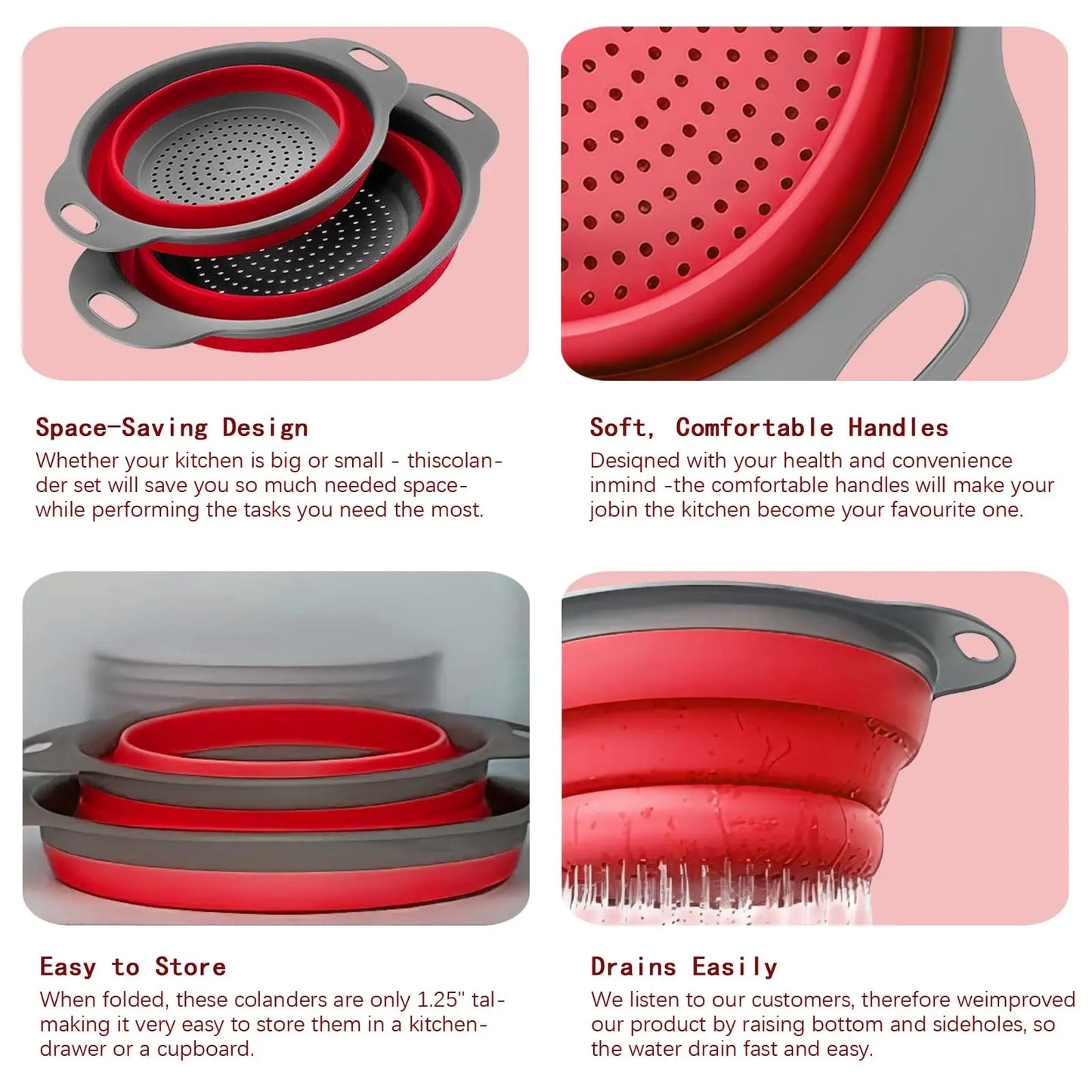 Kitchen Strainer Colander Set,2PCS  Food Strainers for Kitchen Collapsible Colander with Plastic Handles for Pasta and Spaghetti